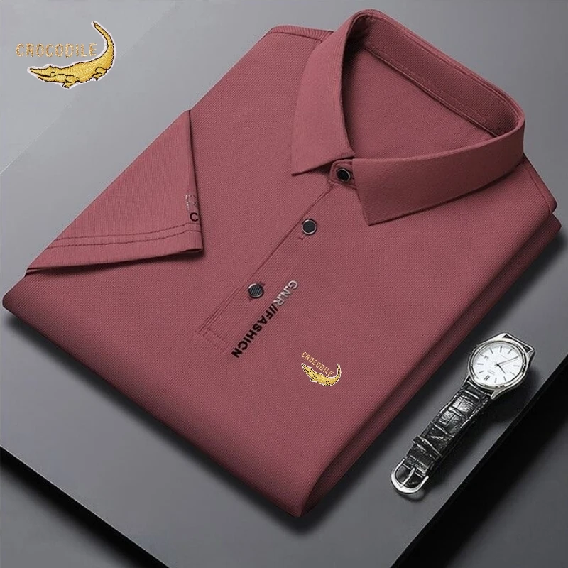 Summer New Silk Short Sleeved Polo Shirt, Men\'s High-end Luxury Fashion, Casual, Smooth, Comfortable Breathable T-shirt Top