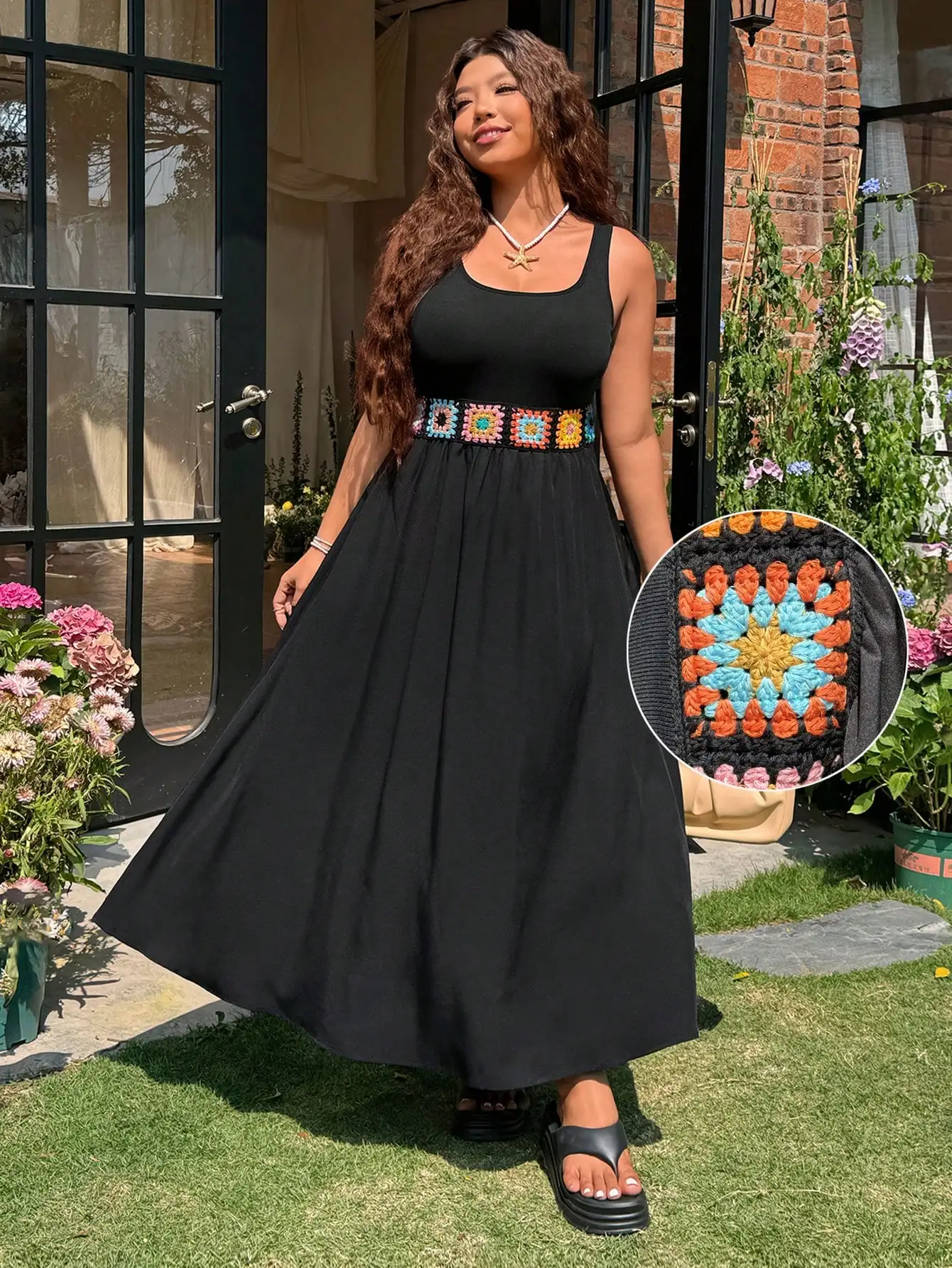 

Black Sleeveless Maxi Dress With Crochet Waistband For Summer