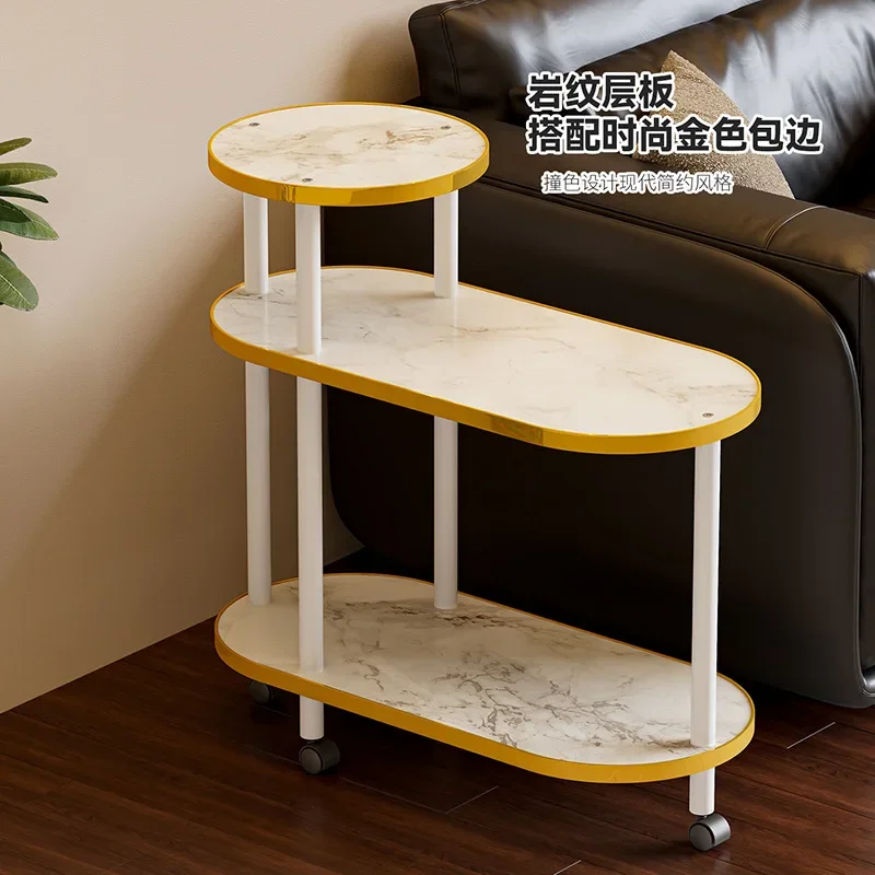Mobile cart storage rack Household rock slab pattern sofa side table finishing rack Multi-layer storage living room coffee table