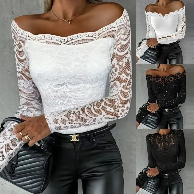 

Women Sexy Blouses Spring Autumn Off Shoulder Hollow Out Lace Top Female Clothing T-Shirts Pullover Tops Shirts