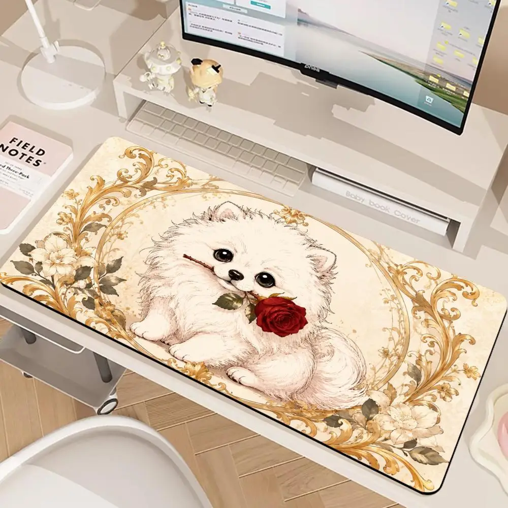 Kawaii Pomeranian Puppy Large Desk Pad Vintage Golden Frame Flower Design XXL Mousepads Rubber Laptop Keyboard Gaming Deskmat