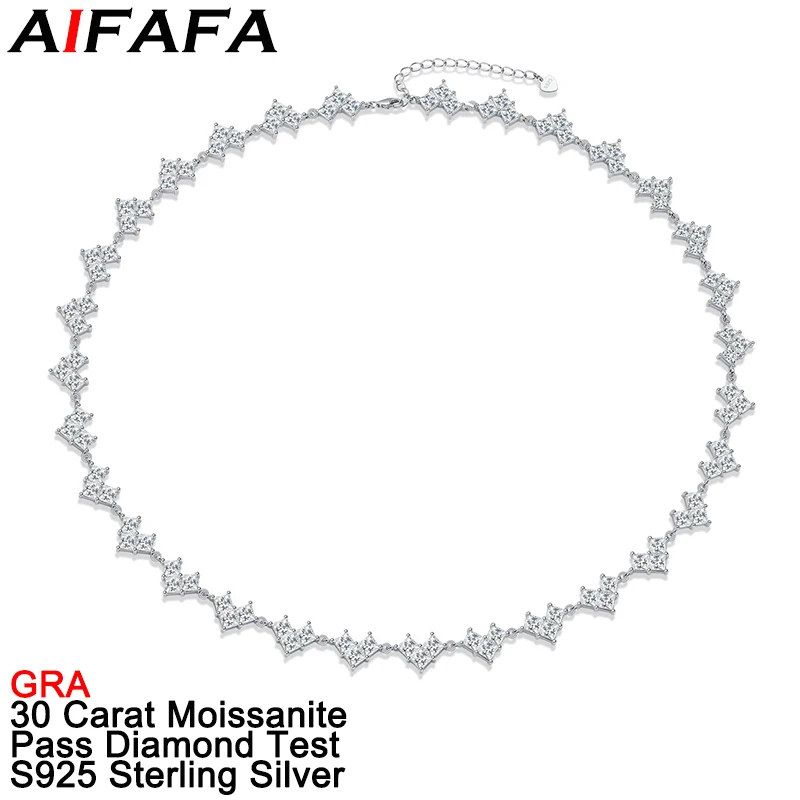 

AIFAFA 30 Carat All Real Moissanite Tennis Chain Necklace Top Quality Princess Cut Gem S925 Sliver Jewelry Pass Diamond Test