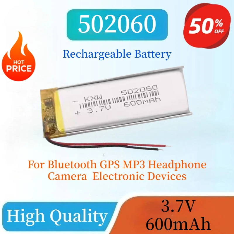

Brand New 3.7V 600mAh 502060 Rechargeable Lithium Polymer Battery For Bluetooth GPS MP3 Headphone Camera Electronic Devices