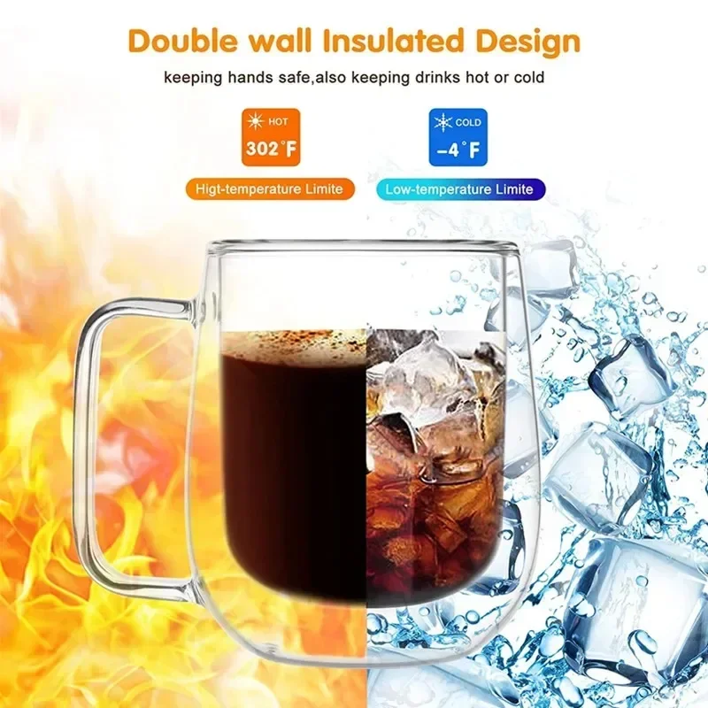 350 ml doppelwandige Kaffeetasse aus Glas mit Griff, wärmeisolierte, klare Teetasse, keine Kondensation, für die Bar im Home Office