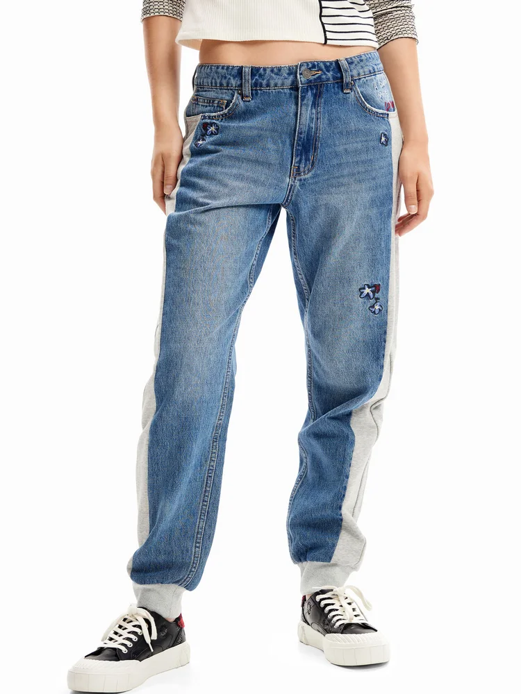 

Casual Embroidered Pure Cotton Fabric Patchwork Women's Jeans Elastic Waisand Autumn Season Loose Fit Ladies Jeans