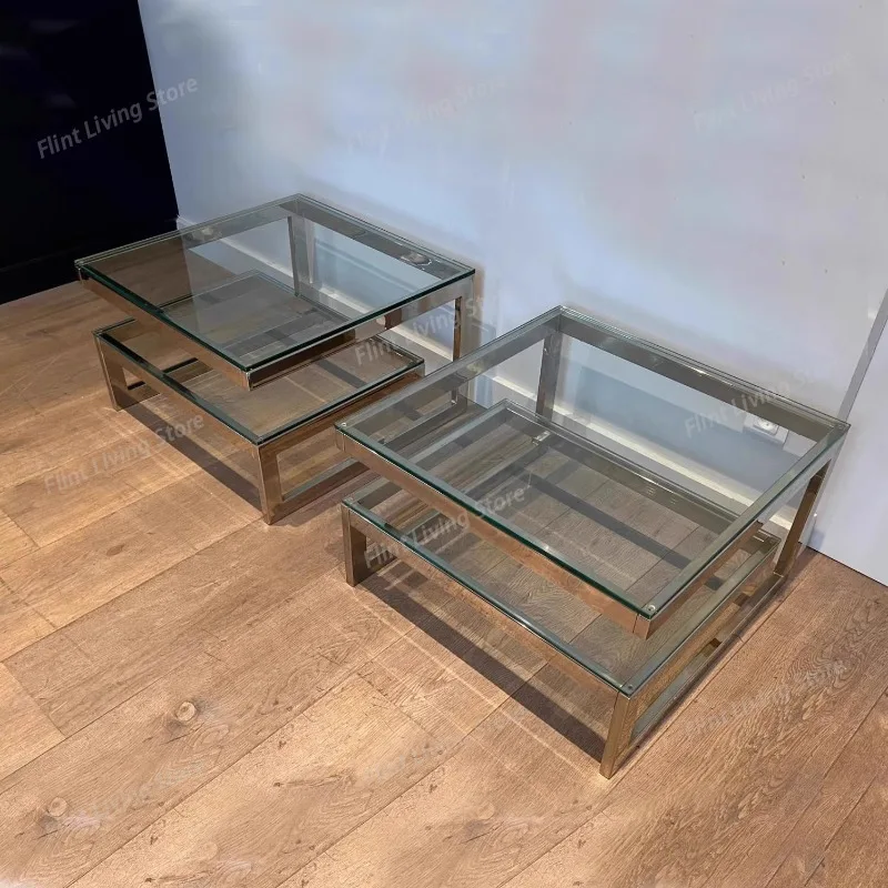 ​​Nordic Creative Coffee Tables Double Layer Stainless Steel Frame Multifunctional Modern Minimalist Luxury Home Decor