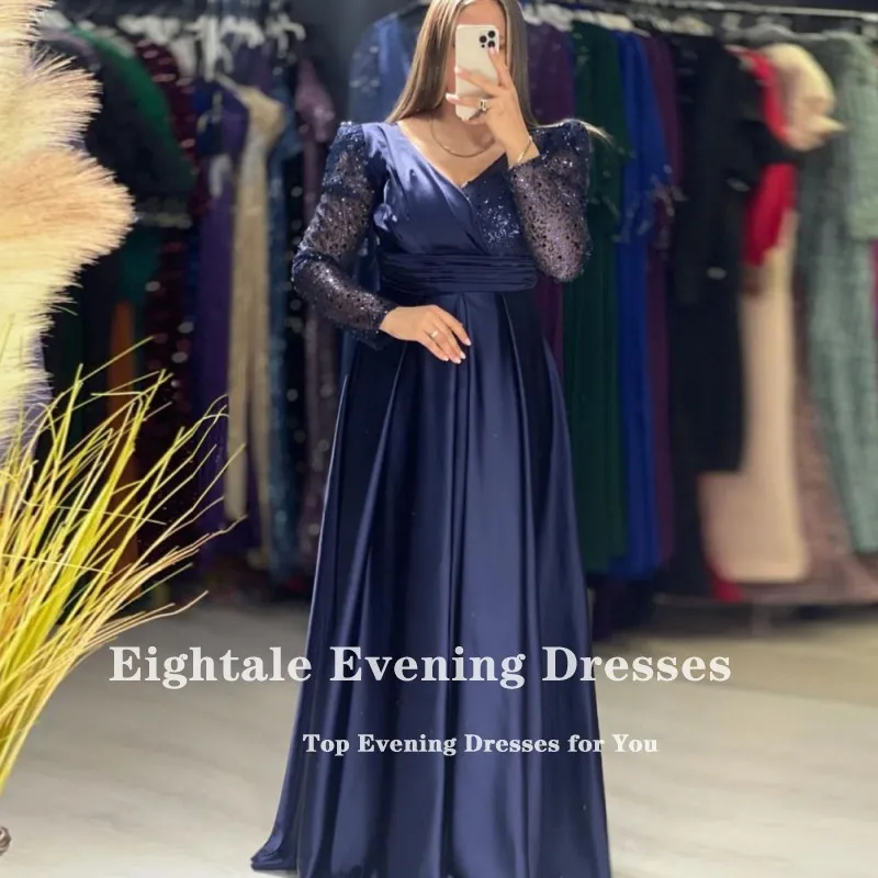 Eightale Evening Dresses V-Neck Dusty Pink Customized Sequined Long Sleeves Arabic Prom Wedding Party Gown Vestidos De Gala