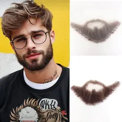 Brown Fake Face Beard Mustache For Men Natural Human Hair Invisible Swiss Lace Brown Straight Thick Facial False Beard Makeup