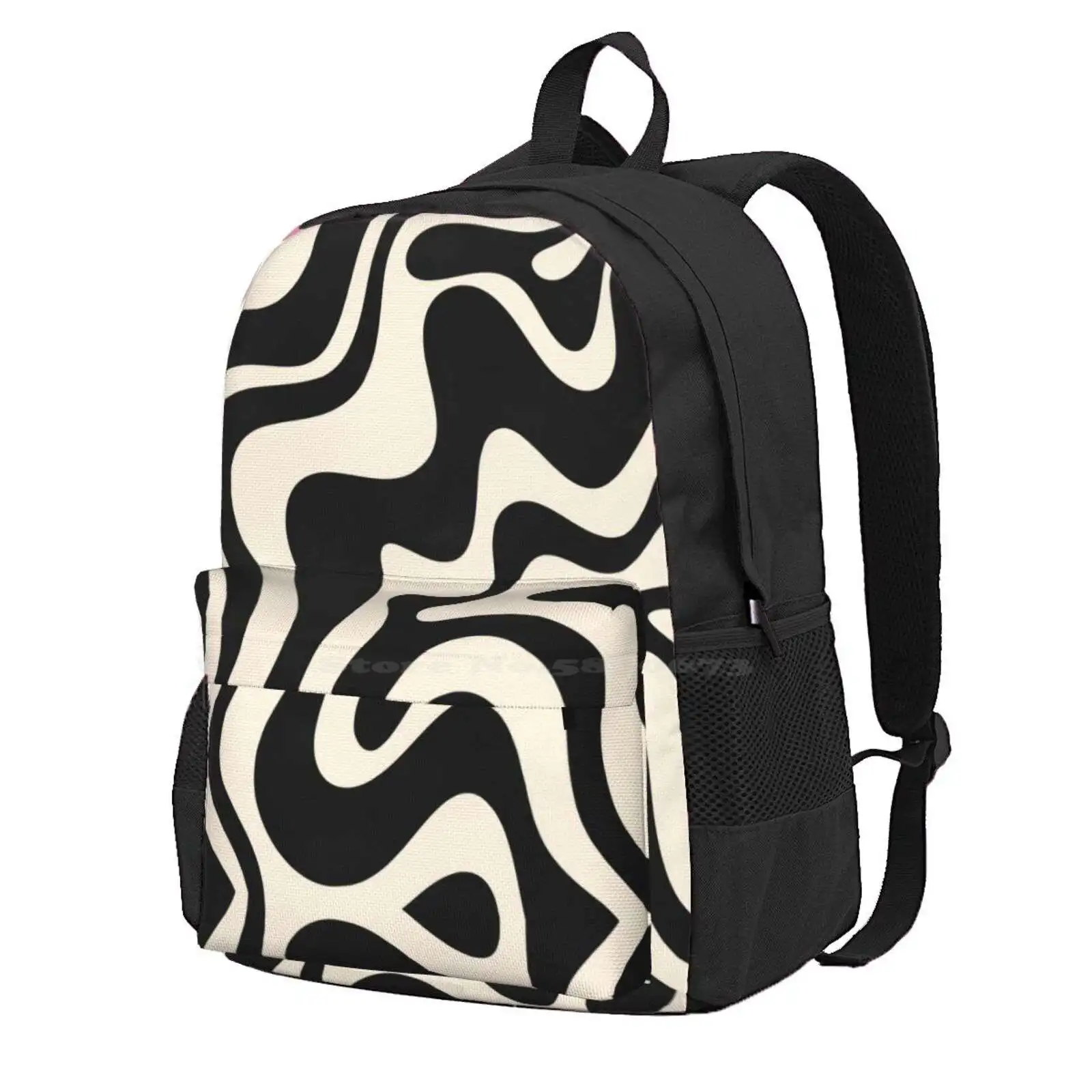 Retro Liquid Swirl Abstract Pattern In Black And Almond Cream Hot Sale Schoolbag Backpack Fashion Bags Abstract Pattern Retro