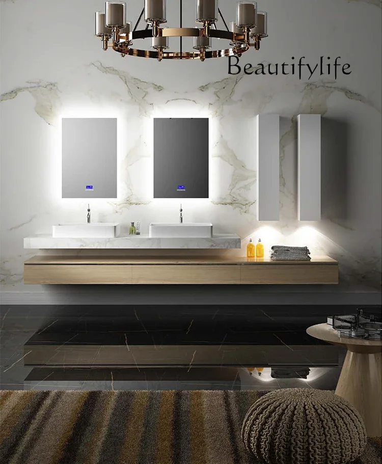 H High-end Modern Minimalist Rock Slab Bathroom Cabinet Design Small Apartment Household Retro Simple Mirror Cabinet