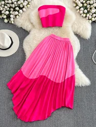 Women Summer Dress Fashion Suit Spicy Girl Strapless Bra Top Two-piece High Waist Draped Irregular Pleated Dress D3068