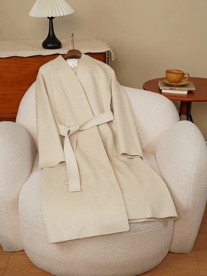 High-end feminino de lã dupla face camere batobe sle casaco alta nce sensação lã de seda outerwear inverno