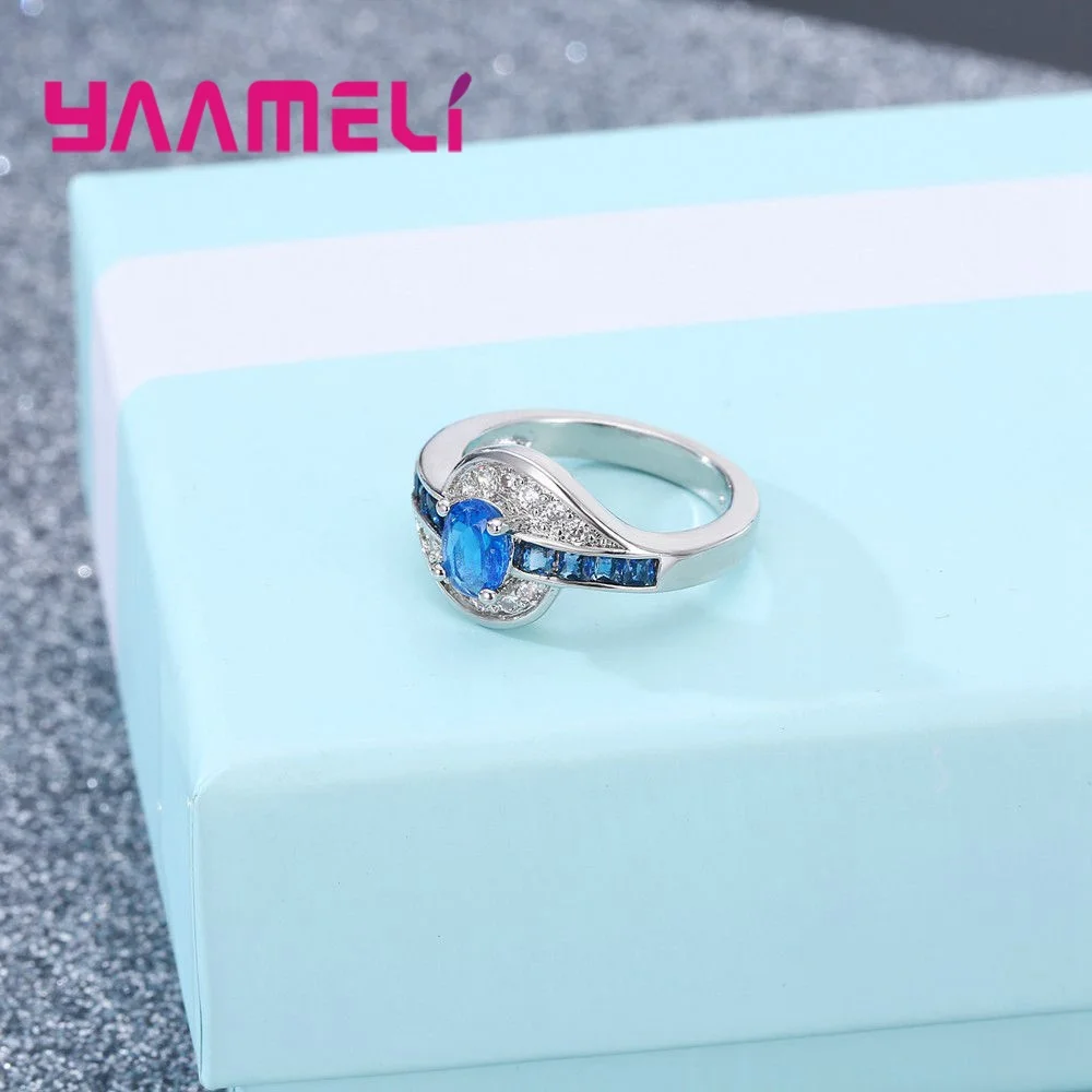 Pure 925 Silver Finger Ring For Women Girls Brillant Clear Blue Crystal Gifst Anel Anillo For Women Girls Wholesale Reta