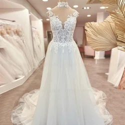 Boho Applique Wedding Dresses Beading High Neck Long Bride Dress Sweep Train Tulle Sexy Dress For Women 2024 Robe De Mariée