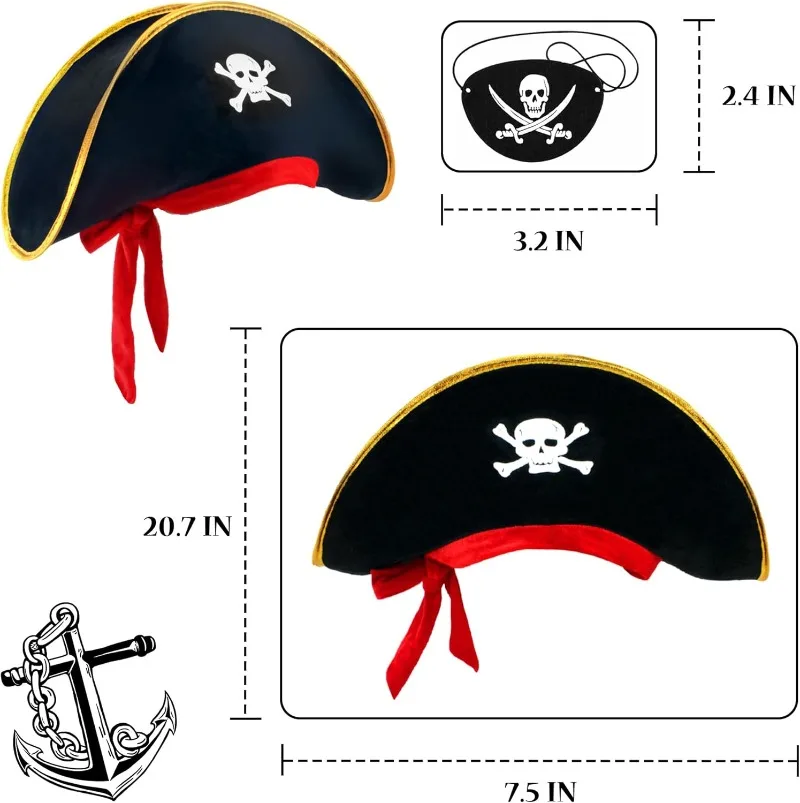 3Pcs/set New Hot Pirate Hat Skull Print Pirate Captain Costume Cap - Pirate Accessories Funny Party Hat Eye Patch Waist Scarf