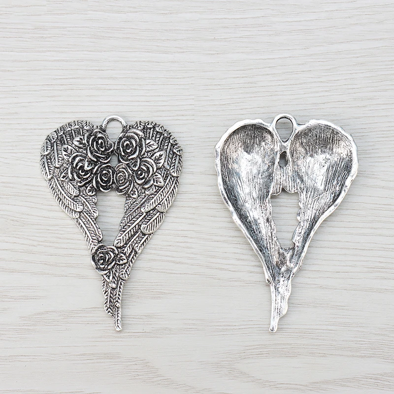 2 x Tibetan Silver Large Rose Angel Wings Feather Charms Pendants for DIY Necklace Jewelry Making Findings Accessories 69x46mm