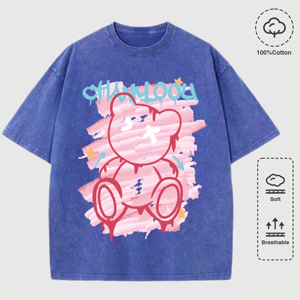 

Graffiti Toy Teddy Bear Printed Washed T Shirt Men Summer Casual All-Match Tops Trendy O-Neck Short Sleeve Soft Cotton Top