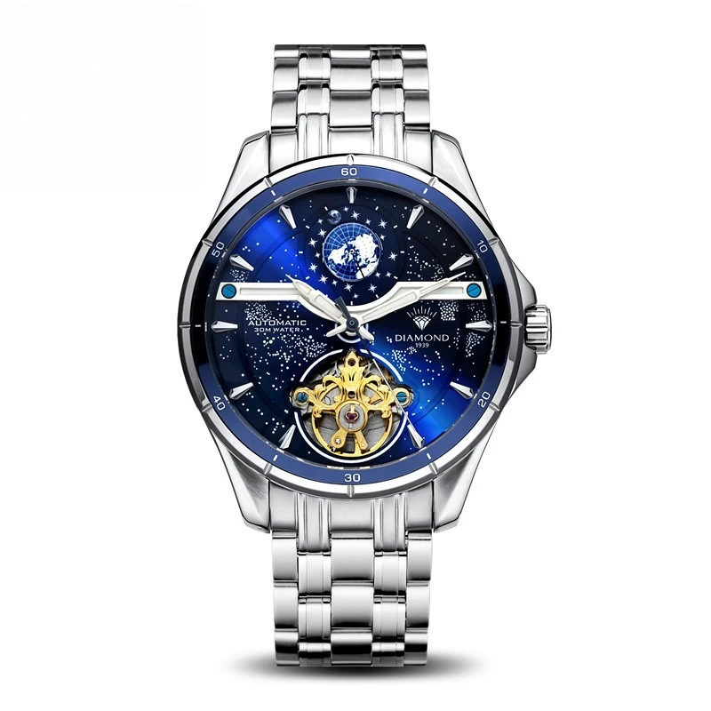 

Мужские механические часы Shanghai Watch P601 с люминесцентным циферблатом «Звездное небо», полые, модные, отечественный бренд, с бриллиантами, деловые, водонепроницаемые