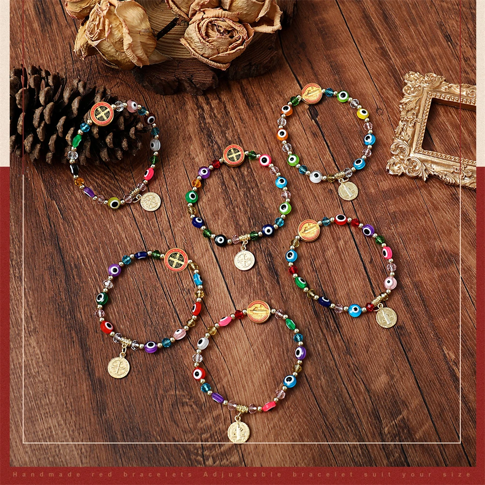 12PCS San Benito Bracelets Colorful Evil Eye Beads Elastic thread Catholicism Saint Benedict Medal Pendant Handmade Bracelet