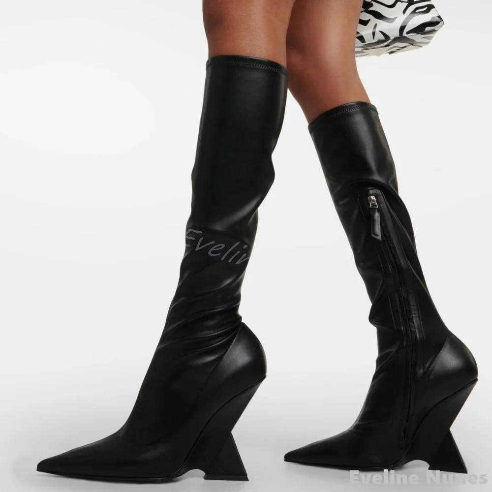 

Catwalk Pointed Toe Special Wedges Long Boots Women Black Leather Side Zipper All-match Knee-high Boots New Fashion Party Boots