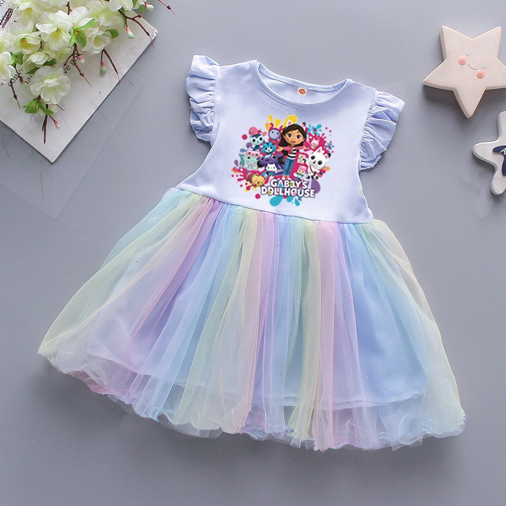Kids Clothes Summer New Girls Dress Short sleeves Rainbow Princess Dress For Children Baby Cute Birthday Party Clothing 2-8Y