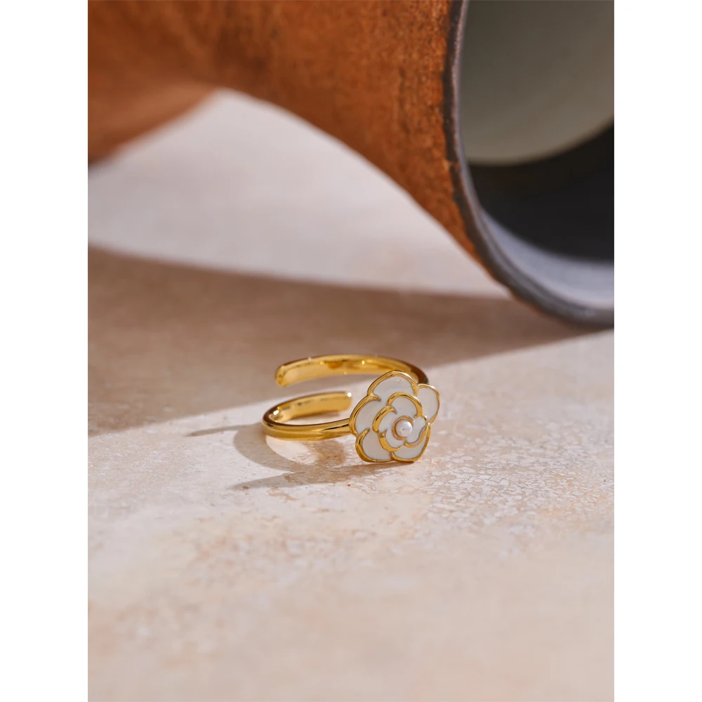 Yhpup Trendy Style Pearl Enamel Flower Adjustable Ring for Women Stainless Steel Gold Color Charm Jewelry Wholesale Gift