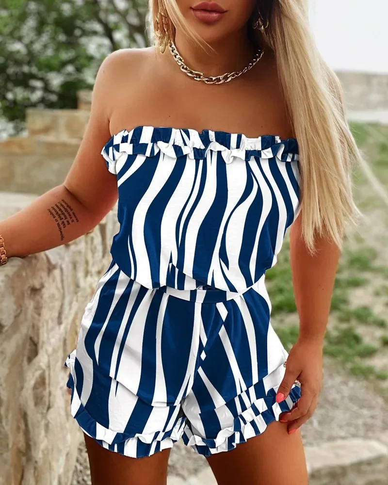 Sexy Sweet Printed Fashion Bandeau Romper Summer Short Jumpsuit 2024 Polyester Beach Vacation Casual High Waist Playsuits