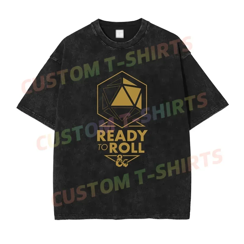 2024 Summer Vintage Cotton Washed Ready To Roll T-Shirt Black By Dungeon and Dragon Loose T Shirts Men Y2K Hip Hop Top Tee