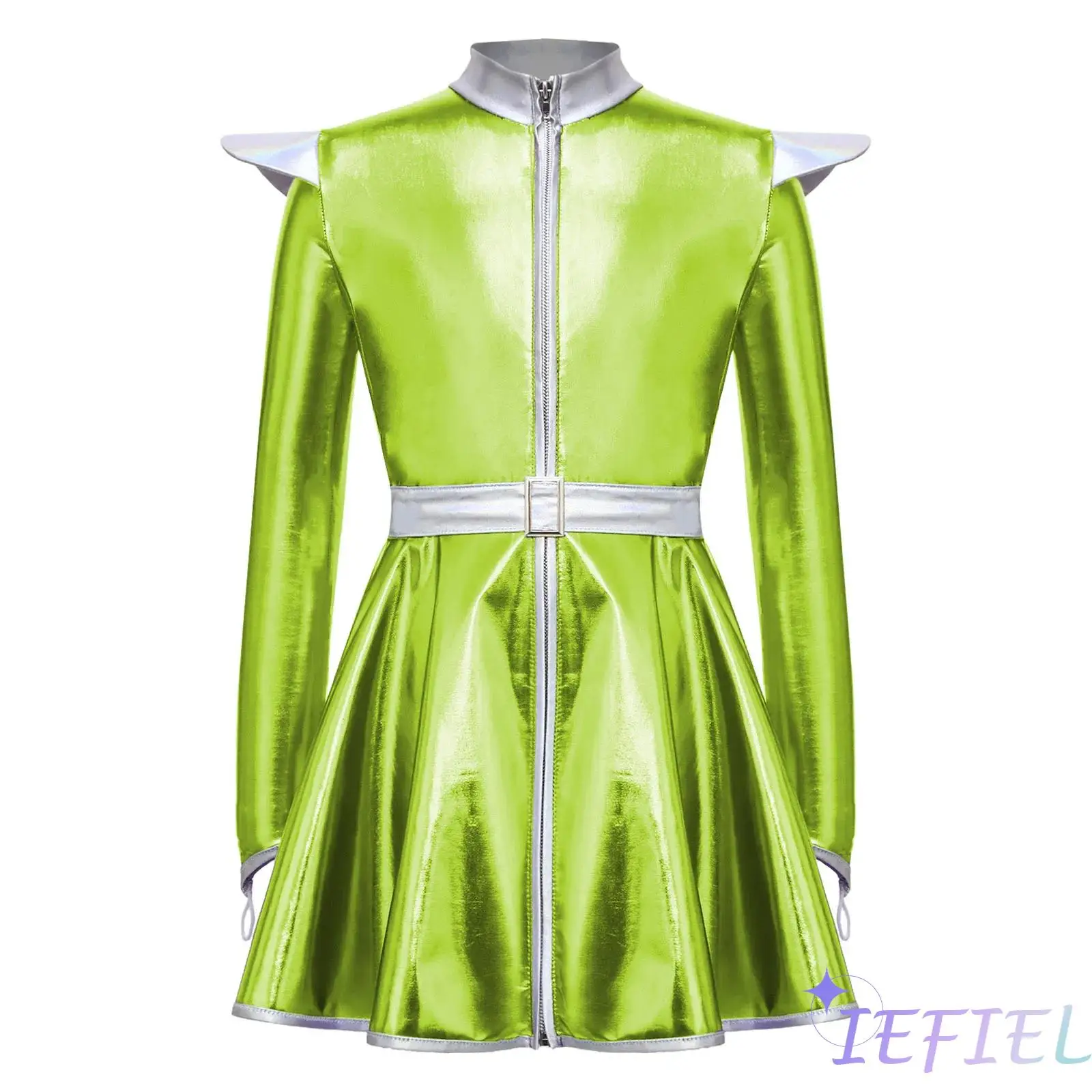 

Child Space Alien Cosplay Outfit Girls Long Sleeves Zip Up A-line Dress with Belt Set Clubwear for Halloween Robot Clothing