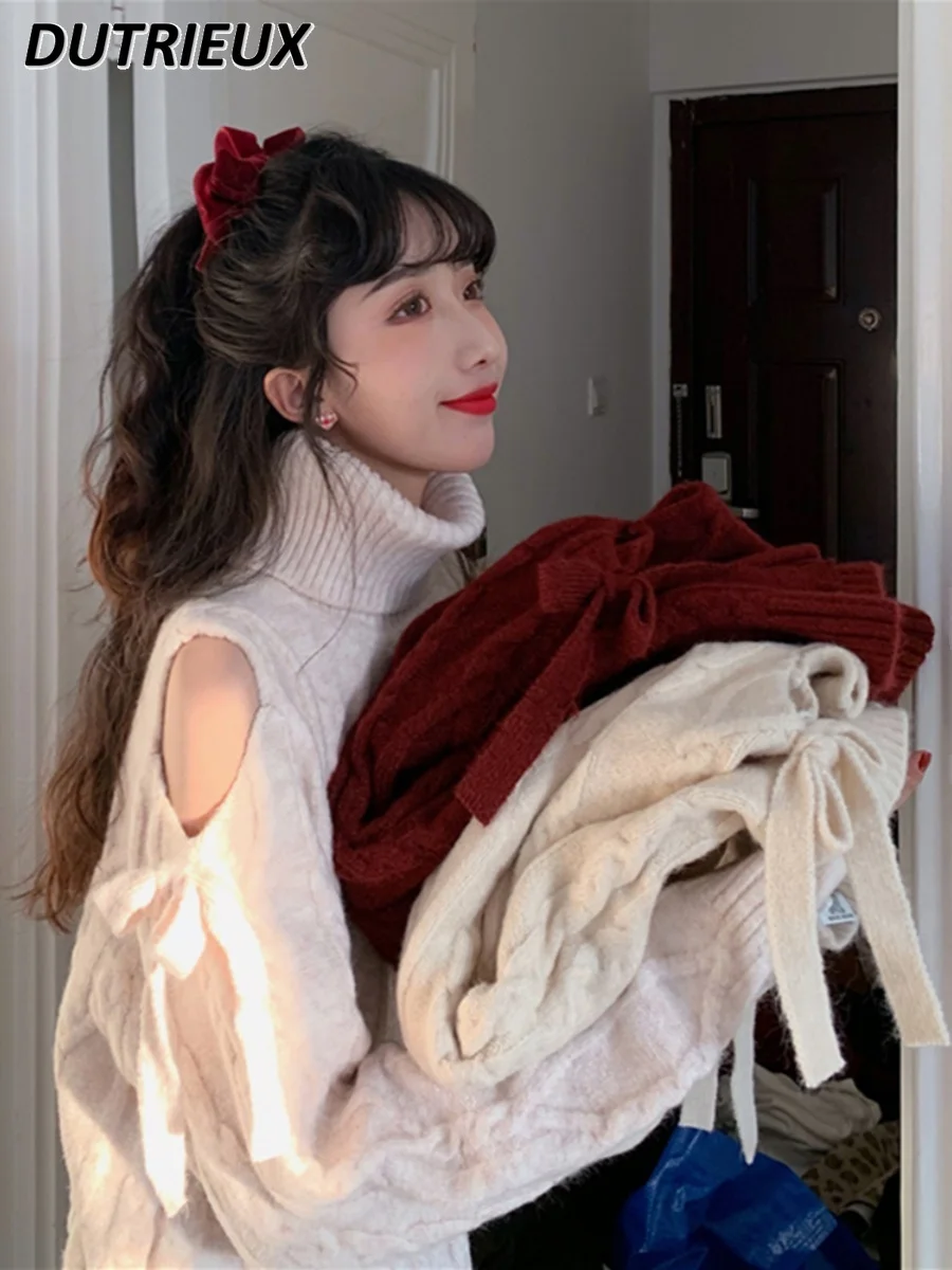 مثير الحلو الخريف الشتاء القوس خارج الكتف سترة فستان المرأة بلون الياقة المدورة طويلة الأكمام تنوعا محبوك فساتين #4