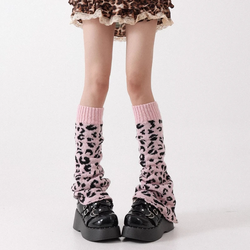 Autumn Winter New Pink Leopard Print Knitted Slouch Socks Japanese Design Y2K Subculture Hot Girl SlimmingLeg Warmers Ladies