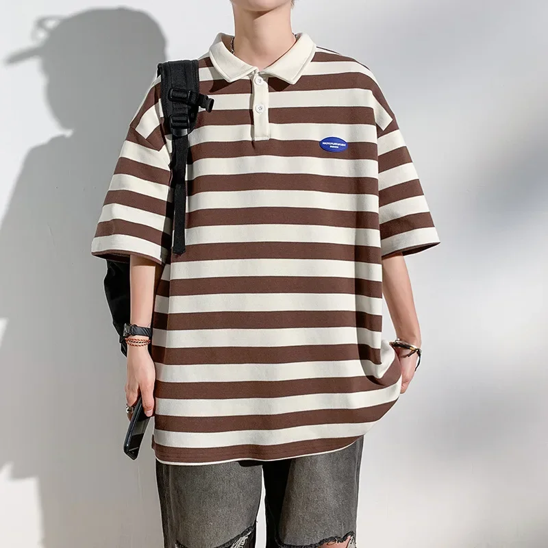 Men Polo Shirts Stripes Summer Short Sleeve T-shirt Turn-down Collar Shirt Male Casual Loose Pullover Tops Fashion Tees