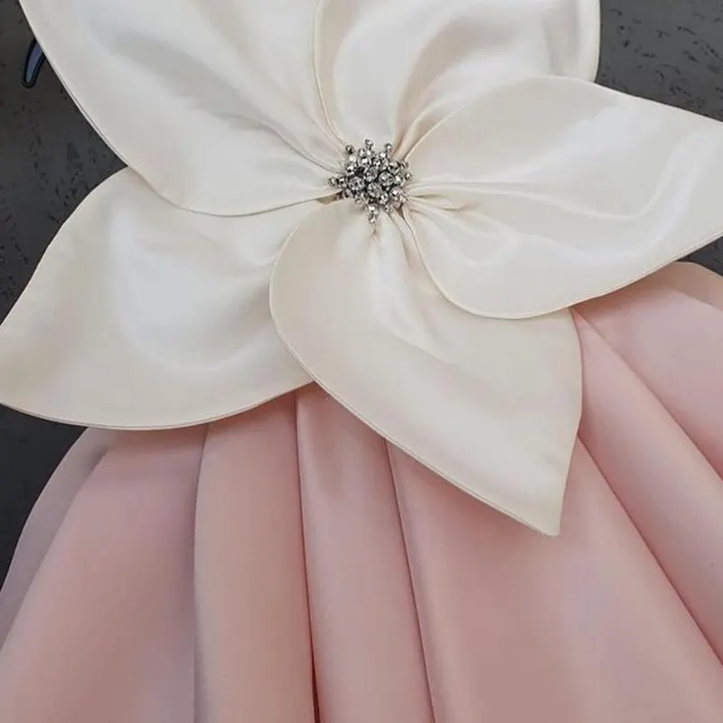 Fashion Girl Princess Satin Dress Sleeveless Child Vintage Big Flower Vestido Party Pageant Birthday Wedding Baby Clothes 1-12Y