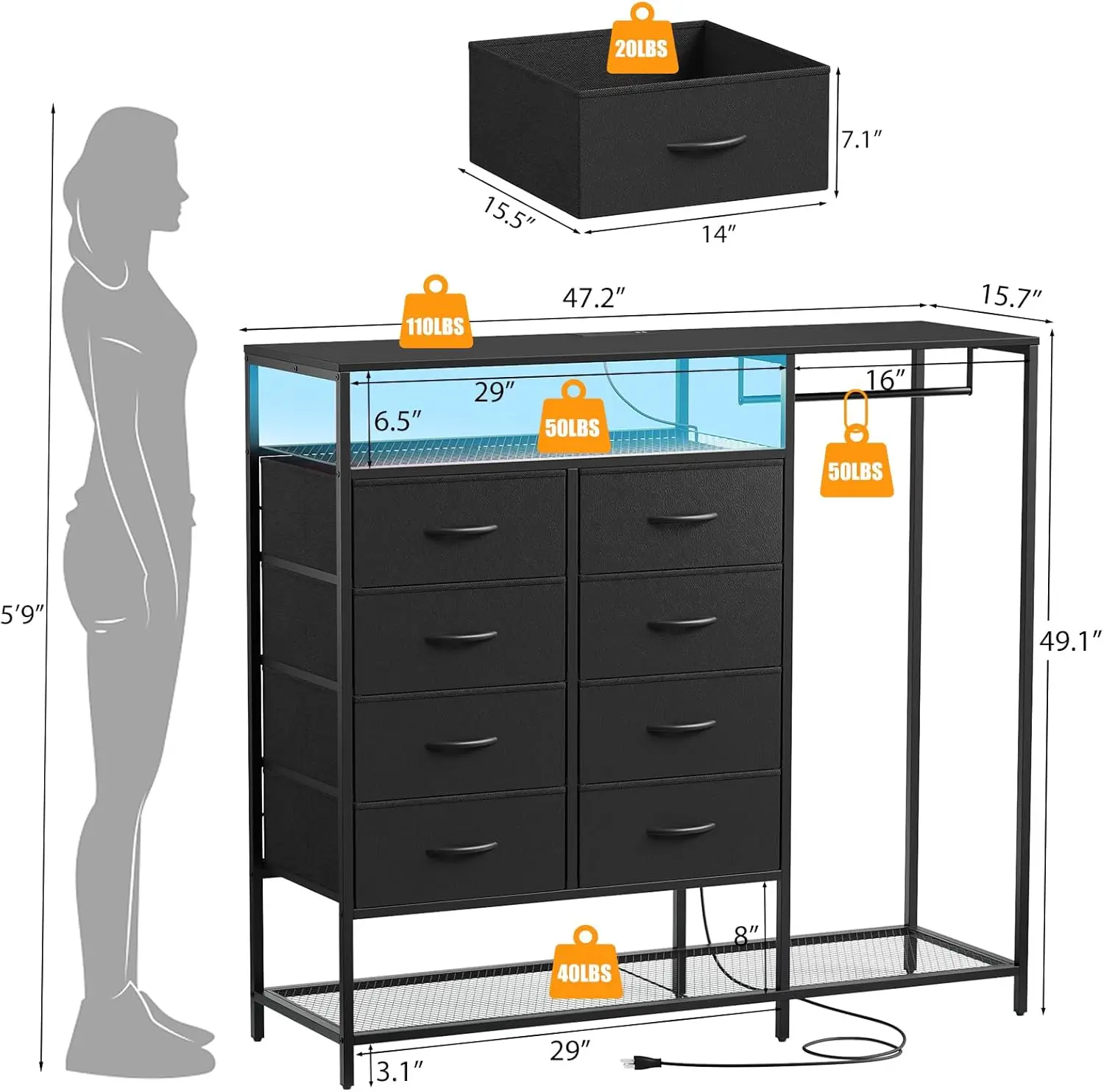 Dresser for Bedroom with 8 Drawers, Bedroom Dresser with Hanging Rack, Clothes Dresser with Led Lights, Closet Dresser with Char