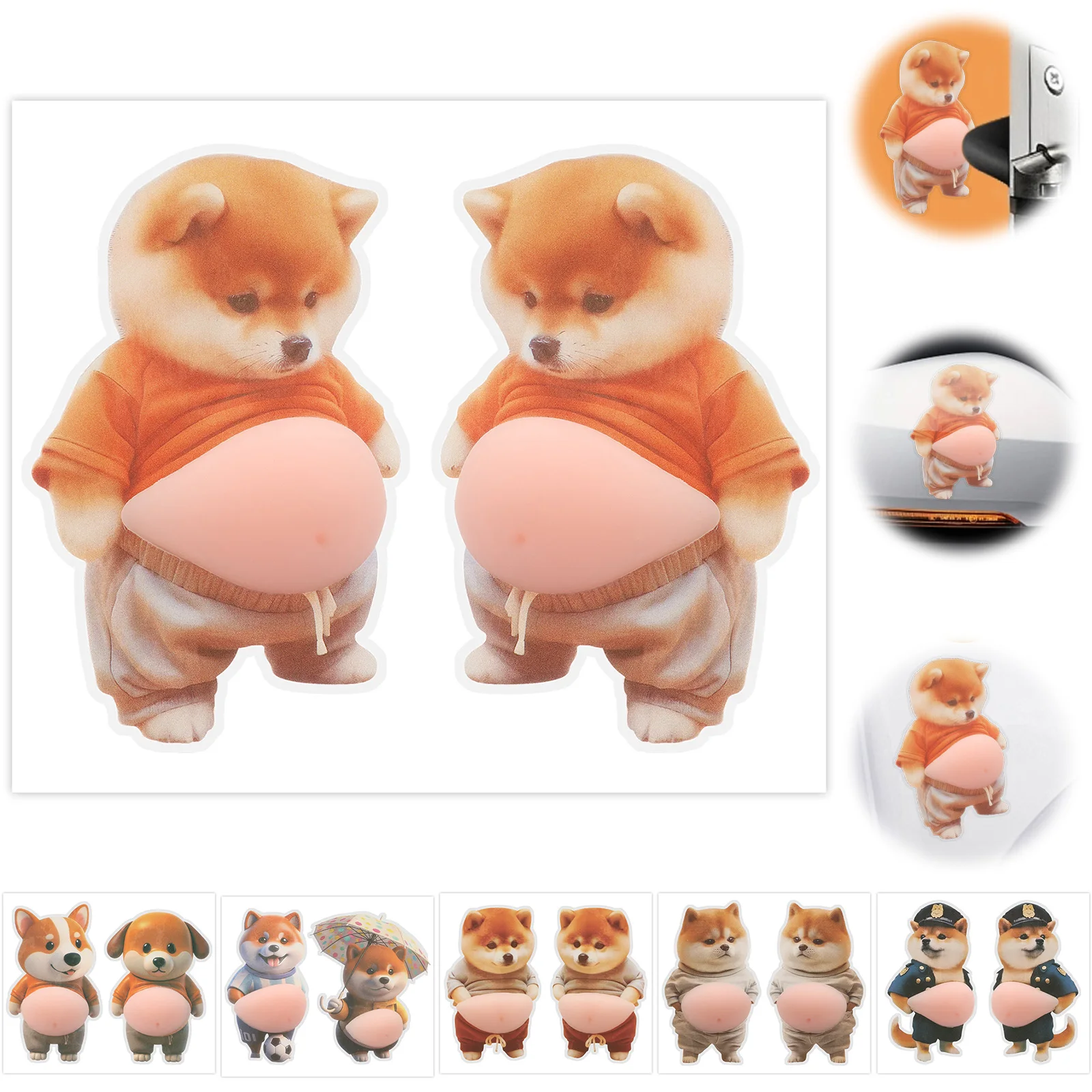 2Pcs 3D Shiba Inu Dog Belly Stickers Anti Collision Dog Belly Sticker Fun Puppy Wearing Outfit with Pink Belly Decal Home Decor