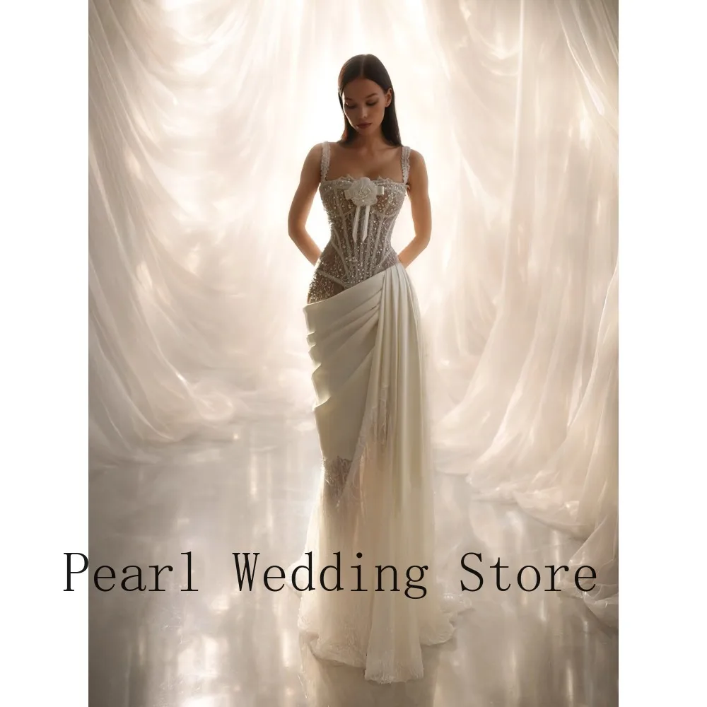White Spaghetti Strap Wedding Dress Sheer Beaded Corset Bodice 3D Floral Applique Draped Satin Skirt Formal Bridal Evening Gown