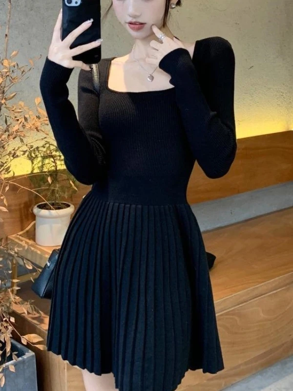 Outono inverno feminino malha dr gola quadrada longa sve fino ajuste ort saia linha a faionable plissado camada base dr