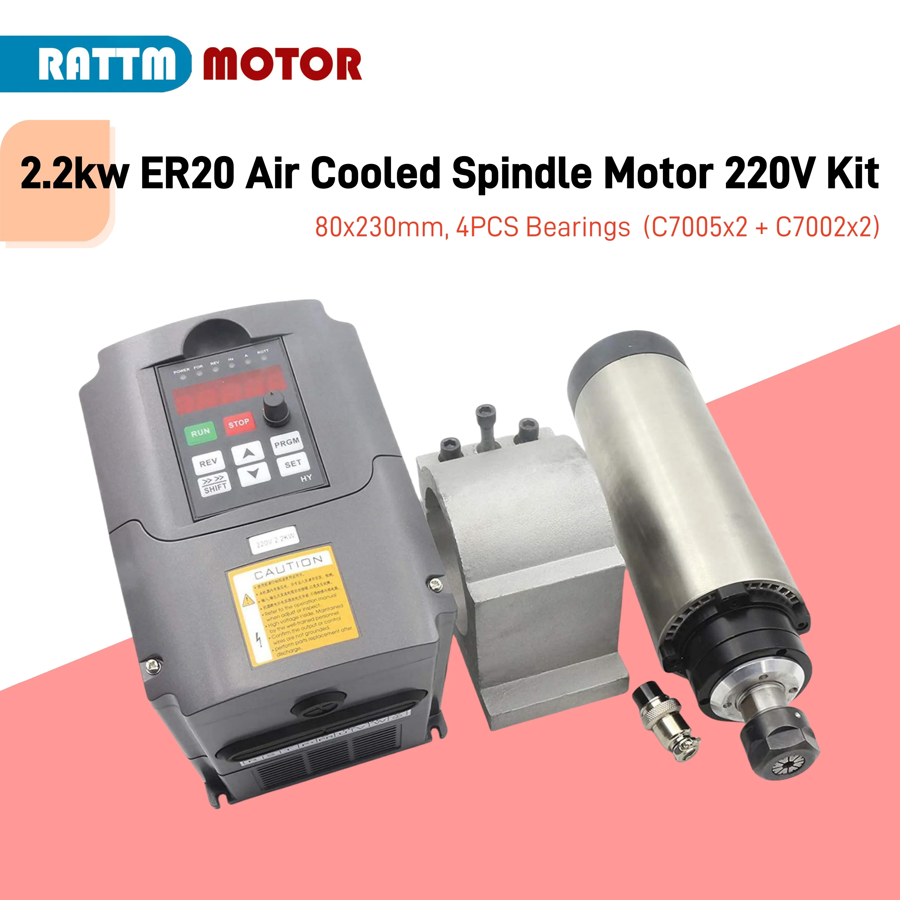 2.2kw ER20 Air Cooled Spindle Motor 220V & HY VFD Inverter RS485 & 80mm Clamp & 80W Pump & ER20 Collet (1-13mm) for CNC Machine