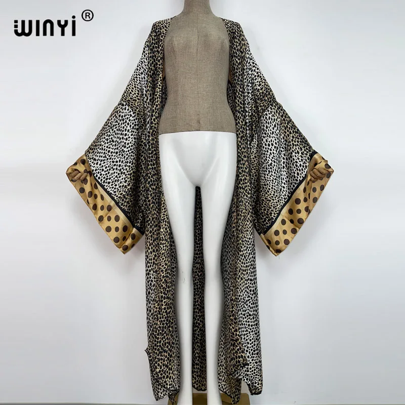 2022 WINYI Summer Beach Wear Swim Suit Cover up sweet lady boho Cardigan Leopard Print sexy Holiday long Sleeve Kimono kaftan