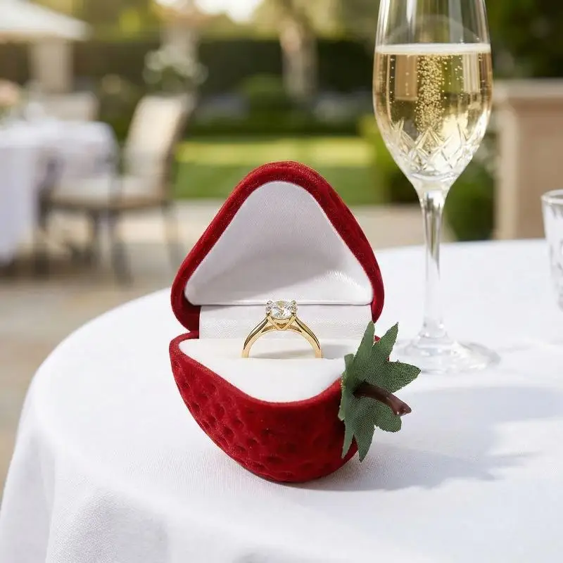 

Cute Velvet Strawberry Ring Box Jewelry Organizer for Engagement Proposal Unique Creative Wedding Gift Holder