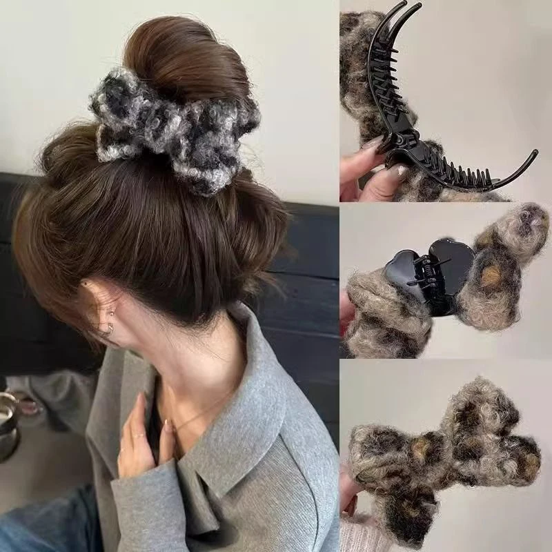 

1PC High Ponytail Fixed Clip Hair Accessories Autumn And Winter Leopard Pattern Plush Bow Ball Hair Claw For Women Headwear