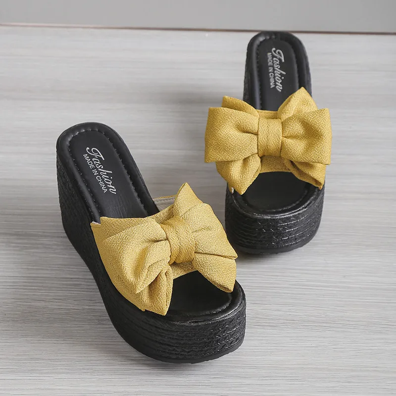 Summer Wedge Slippers Platform Flat Heel Elegant Bow Fake 2023 New Fashion Casual Open Toe Large Slippers