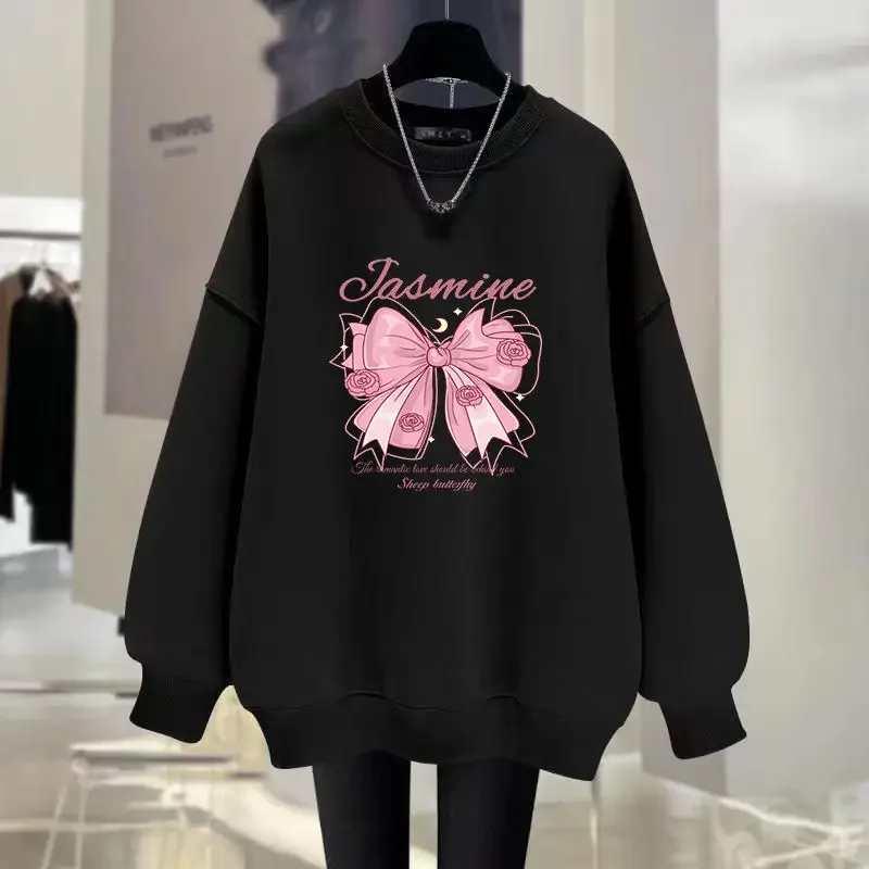 Felpe casual moda autunno inverno felpe con cappuccio a maniche lunghe con scollo stampato con fiocco comfort nozioni di base pullover larghi da donna