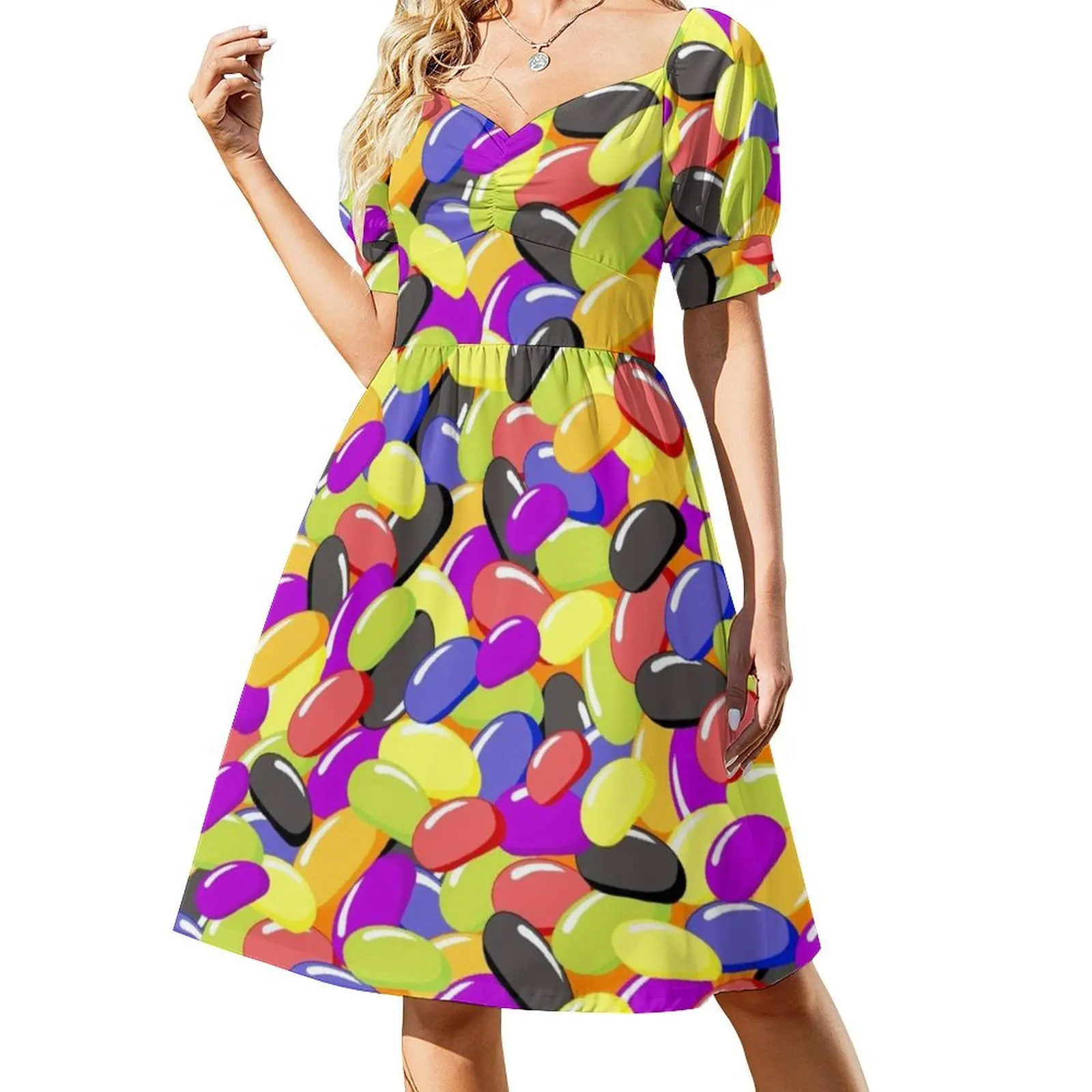 فستان جيلي بينز رينبو كاندي بوهيمي بدون أكمام للنساء مطبوع عليه فساتين حفلات الشاطئ كاندي رينبو جيلي بينز لطيف حلو