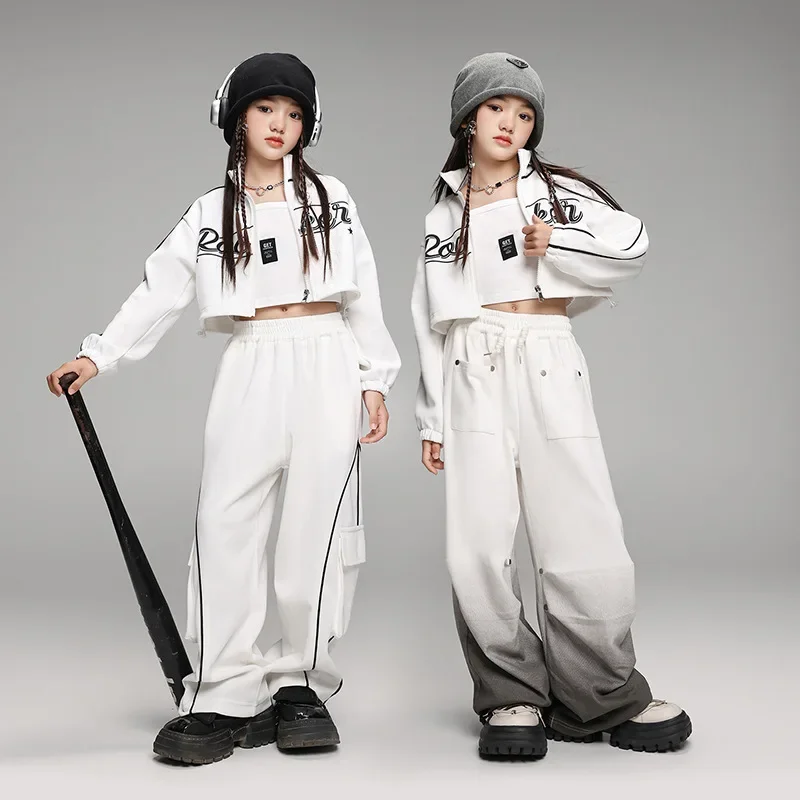 Girls Jazz Dance Clothes White Coat Baggy Pants for Kids Hip Hop Costume Teenagers Breaking Street Dance Suit