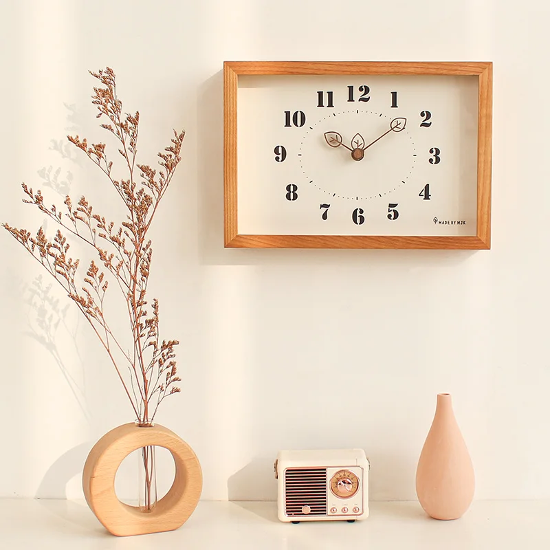 MJK square simple modern solid wood wall clock living room home fashion silent clock wall free punching