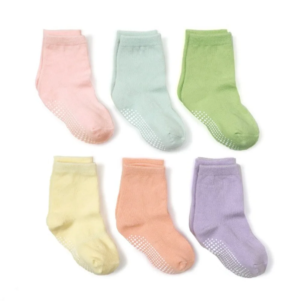 

6Pairs Dispensing Baby Cotton Socks Solid Color Non-slip Toddle Short Tube Socks Breathable Floor Socks Infant Socks Newborn