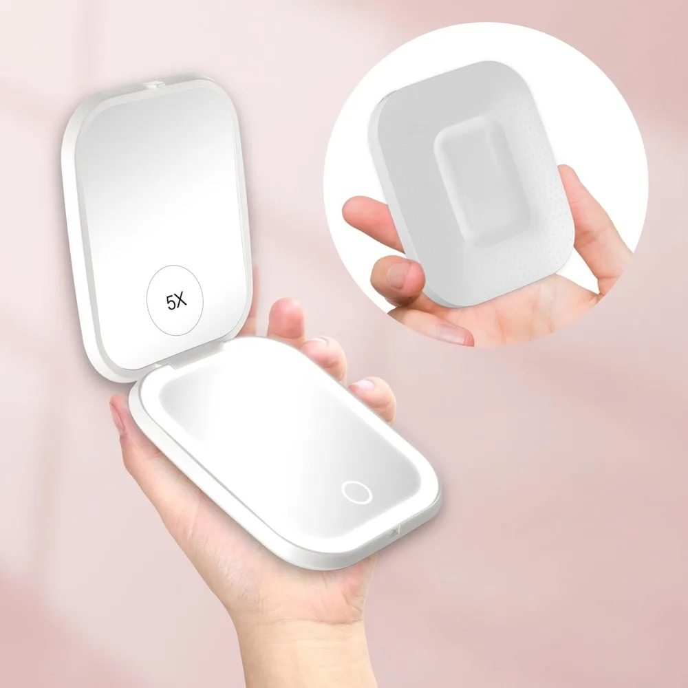 

LED makeup mirror, with a magnification of 1X/5X, dimmable travel makeup mirror, foldable and handheld makeup design