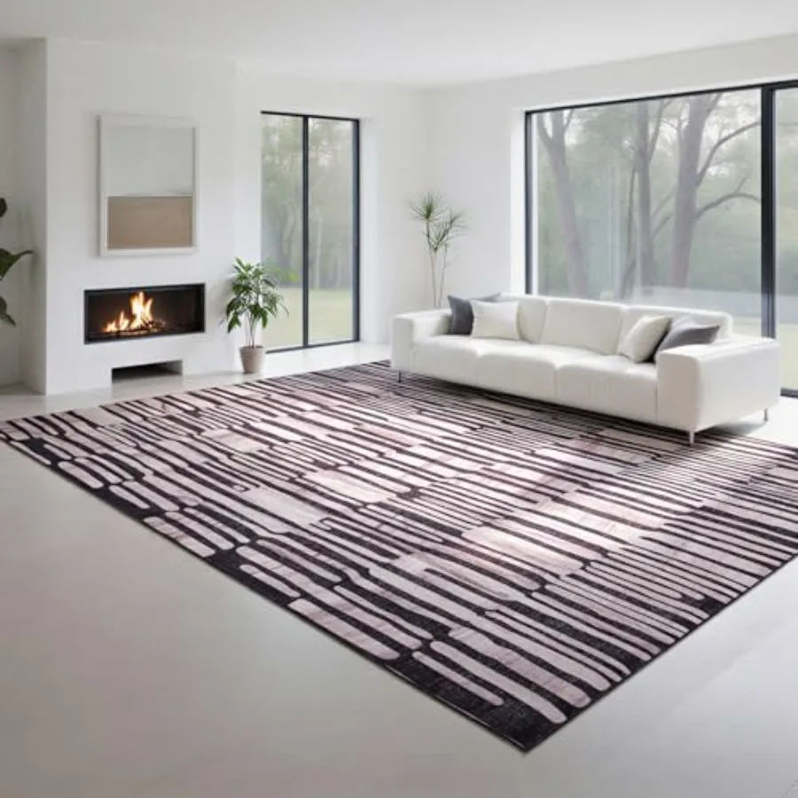 

Washable 8x10 area rugs for living roommodern abstract neutral accent rug in soft low-pile polyester with non-slip rubber backi