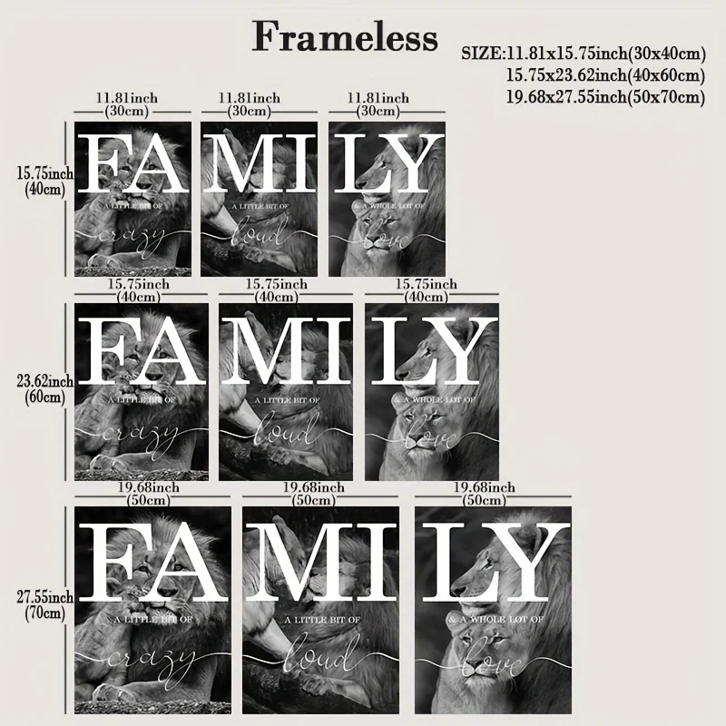 Home Signs Canvas Paintings Animal Lion Wall Art Prints And Posters For Living Rooom 3pcs  Black White Family Quote